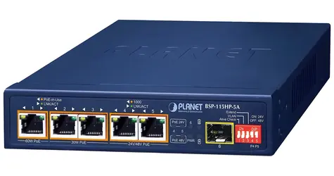 Planet BSP-115HP-5A / PoE-Switch Solar Hybrid / 5x 1Gb / 1x SFP / PoE++ 802.3bt / -20 bis 65°C