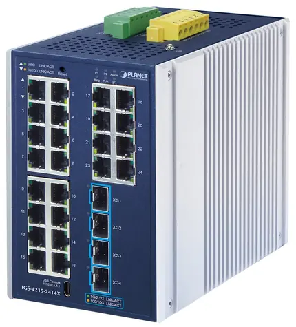 Planet IGS-4215-24T4X / Industrie-Switch / 24x 1Gb RJ-45 / 4X 10Gb SFP+ / IP30 / -40 bis 75 °C / lüfterlos
