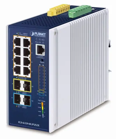Planet IGS-6329-8UP2S4X / Industrie-Switch / L3 / 8x 1-Gb-RJ-45 / 2x 2,5-Gb-SFP / 2x 10-Gb-SFP+ / PoE 802.3bt 360 W