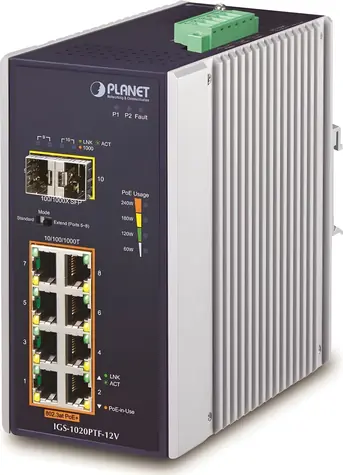 Planet Switch Industrie-Switch mit 8 Port +-Ports / 8x Gigabit PoE+ 802.3at / 2x SFP / DIN-Schiene / IP30 / -40 bis 75 °C