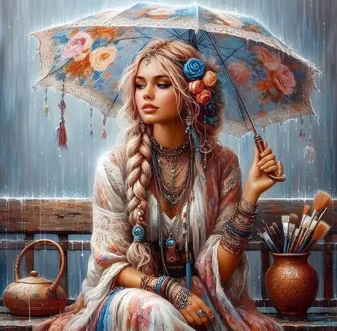 Diamantmalerei - Mädchen mit Regenschirm / 30 x 40 cm