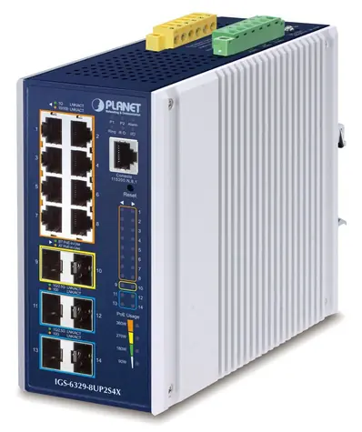 Planet IGS-6329-8UP2S4X / Industrie-Switch / L3 / 8x 1-Gb-RJ-45 / 2x 2,5-Gb-SFP / 4X 10-Gb-SFP+ / PoE 802.3bt 360 W