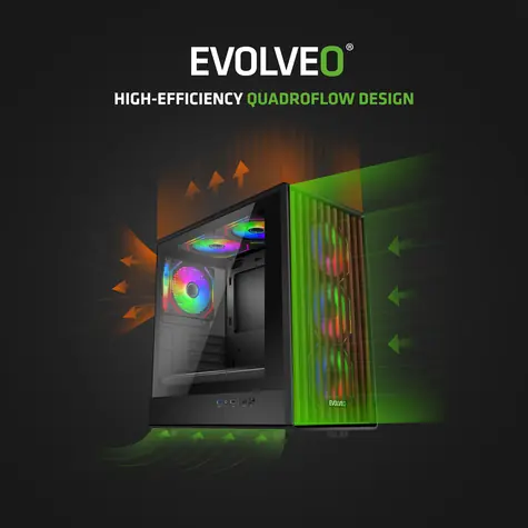 Evolveo Panthera schwarz / PC-Gehäuse / mATX / ARGB / 6x 120-mm-Lüfter / ohne Netzteil / Holzfront