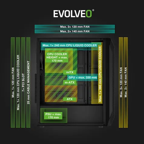 Evolveo Xenon Black / PC-Gehäuse / Midi-Tower / ATX / mATX / Mini-ITX / 4X ARGB / gehärtetes Glas