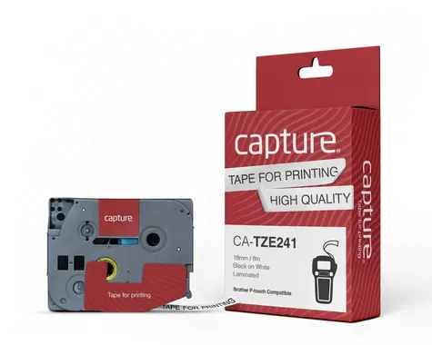 Capture Tape Schwarz auf Weiß / Etikettendruckerband / schwarzer Druck / weiße Rückseite / Nylon / 18 mm / 8 m