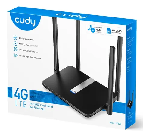 Cudy LT500 schwarz / Router / 4G LTE / 1x WAN + 3x LAN RJ45 100 Mbit/s / 2,4 GHz 300 Mbit/s / 5 GHz 867 Mbit/s