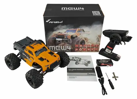 AMEWI RC-Auto MEW4 Monstertruck, schwarz/gelb / Maßstab 1:16 / RTR / Allradantrieb / bürstenloser Motor / 2,4 GHz