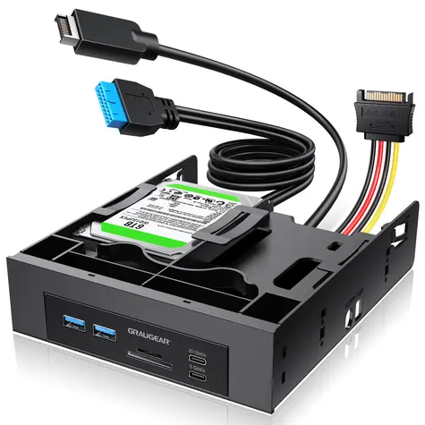 GrauGear Frontpanel-USB-Hub und Kartenleser / Frontpanel / 5,25" / USB-C 20 Gbit/s / 2x 2,5" SSD-Rahmen