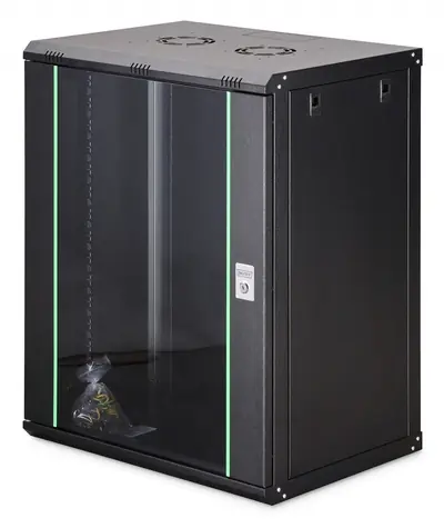 Digitus Dynamic 16HE 600x450mm schwarz / Wandmontage-Rack / 19" / Glastür / Aktive Kühlung / IP20