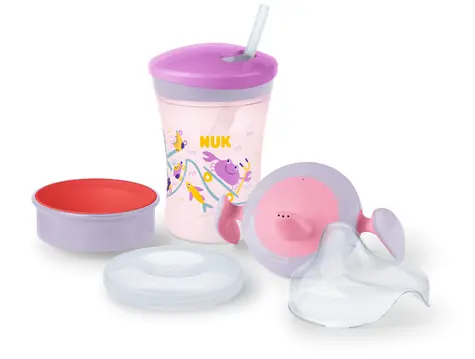 NUK Trinkset mit Aufsätzen 230 ml lila-rosa / ab 6 Monaten / 3 Aufsätze / BPA-frei