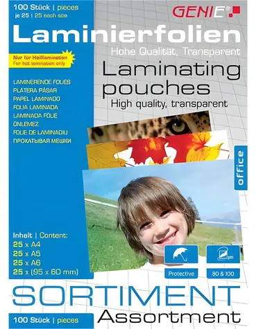 GENIE Laminierfolien-Set / Laminierfolien / A4, A5, A6, Visitenkarten / 100 Stück / 80-100 µm