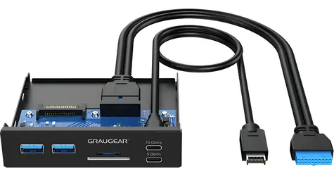 GrauGear USB-Hub mit Kartenleser, schwarz / Frontblende / 2x USB-C / 2x USB-A / SD & microSD / 3,5"
