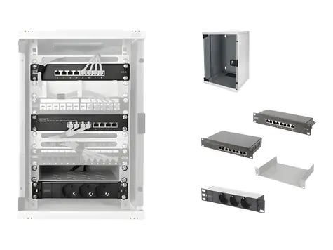 Digitus Netzwerk-Kit 10" hellgrau / Rackschrank 9U / 8-Port-Switch / CAT6-Patchpanel / PDU