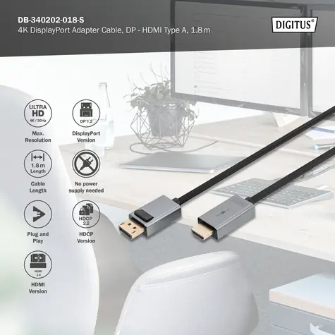 Digitus / DisplayPort-Anschlusskabel / DP/M - HDMI-A/M / 4K / 1,8 m
