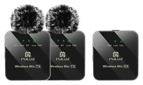 Puluz PU3154B / Drahtloses Ansteckmikrofon / 2 Sender + 1 Empfänger / Bluetooth / Reichweite 10 m