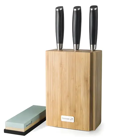 G21 Gourmet-Damastmesserset im Bambusblock / 3-teilig + Schleifstein