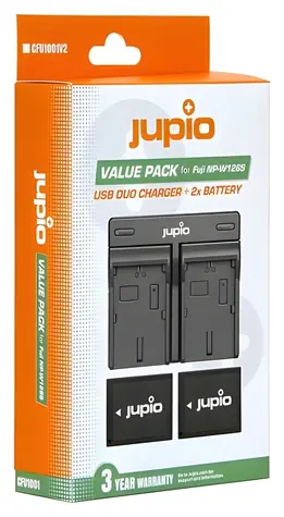 JUPIO 2x NP-W126 + Doppelladegerät / Akku- und Ladegerät-Set / 1260 mAh / Für Fujifilm