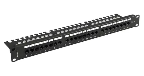 Lanberg Patchpanel, 24 Ports, CAT.6A, mit Ablage, schwarz / Patchpanel / 1 HE / 19" / RJ-45 / UTP