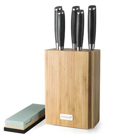 G21 Gourmet Damastmesserset im Bambusblock / 5-teilig + Schleifstein