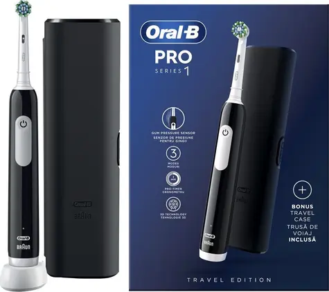 Oral-B Pro 1 CrossAction schwarz / Elektrische Zahnbürste / 3 Reinigungsmodi / 2-Minuten-Timer / Reiseetui