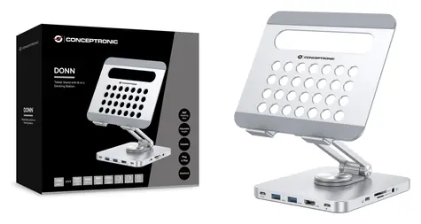Conceptronic DONN26G silber / Dockingstation mit Standfuß / HDMI / 2x USB-A / USB-C / Kartenleser