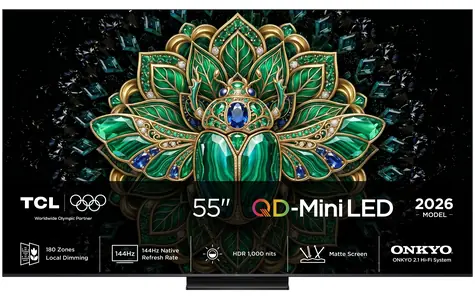 55" TCL 55MQLED75L Schwarz / Fernseher / 4K UHD / QD-Mini LED / 144 Hz / 4X HDMI 2.1 / Google TV / 40 W Onkyo