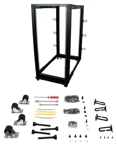 StarTech Open Rack 25U mobil / Offener Schrank / 19" / 4-Pfosten / Tiefe verstellbar 22-40" / mobil