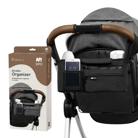 SIPO Kinderwagen-Organizer Schwarz / Multifunktional / 2x Getränkehalter / Polyester / 4,6 l