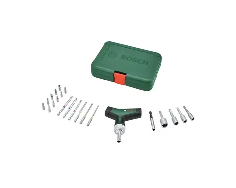 BOSCH Ratschenschraubendreher mit Bits, T-Griff, grün/schwarz / Bit-Set / 22-teilig / Drehmoment bis 46 Nm / Magnethalterung