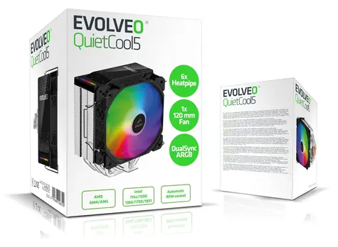Evolveo QuietCool5 schwarz / CPU-Kühler / 6x Heatpipes / 120-mm-Lüfter / ARGB / TDP 240 W