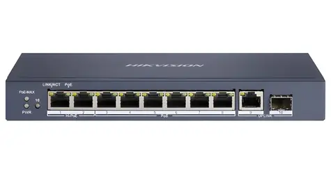HIKVISION DS-3E0510HP-E / Switch / 8x Gigabit PoE (2x Hi-PoE) / RJ45 + SFP Uplink / 110 W / Reichweite 300 m