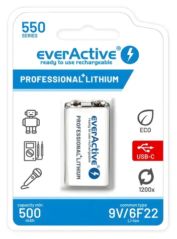 EverActive Akku 9V (6F22) / Akku / Li- ION / 550 mAh / USB-C