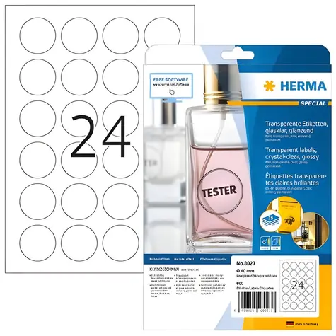 Herma Runde transparente Etiketten  40 mm / Etiketten / A4 / glänzend / Laser / permanent / 600 Stück.