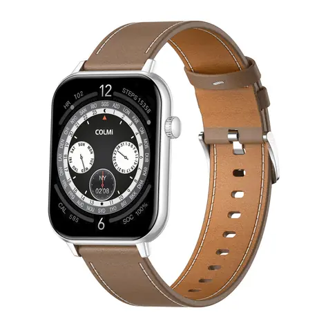 COLMi C28 silber, braunes Lederarmband / Smartwatch / 1,93 Zoll AMOLED-Display / Bluetooth-Anrufe / IP6X