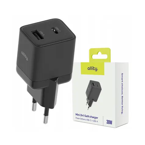 Allity ATC-01-30WAC schwarz / Wandladegerät / GaN / 30 W / 1x USB-A / 1x USB-C / PD/QC