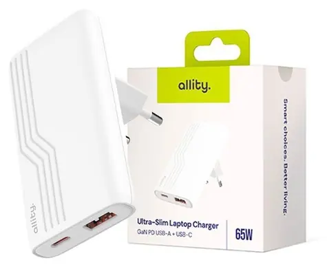 Allity ATC-02-65WAC weiß / Wandladegerät / GaN / 65 W / USB-A + USB-C / PD / QC
