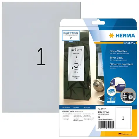 Herma Etiketten A4 silber / glänzende Polyesterfolie / laser / wasserfest / 25 Stück.