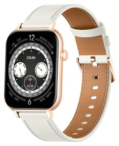 COLMi C28 Gold, weißes Lederarmband / Smartwatch / 1,93 Zoll AMOLED-Display / Bluetooth-Anrufe / IP6X