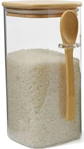 Maxxo Vorratsdose aus Bambus, 1200 ml / Borosilikatglas / Bambusdeckel und Löffel / 21 x 10 x 12 cm