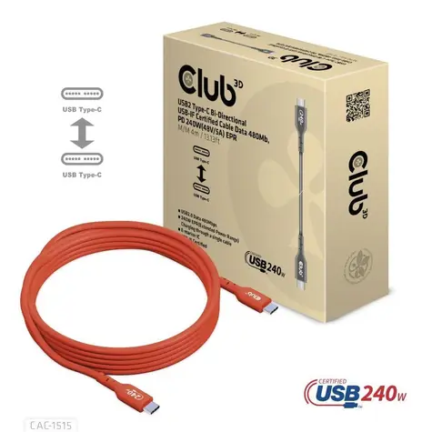 Club3D CAC-1515 orange / Kabel USB-C - USB-C / PD 240W (48V/5A) / 4 m / USB 2.0