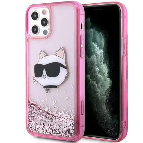 Karl Lagerfeld Choupette Kopf Glitzer pink / Rückseite für iPhone 12 und 12 Pro / Hartschalenetui