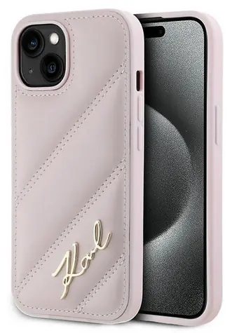 Karl Lagerfeld Diagonal Quilted Script pink / Rückseite / Für Apple iPhone 13/14/15