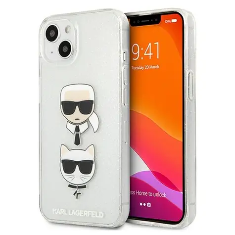 Karl Lagerfeld Glitzer-Hülle mit Karls & Choupette-Kopf in Silber / Hülle / für Apple iPhone 13 mini