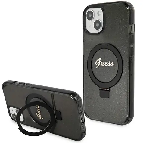 Guess Ringständer-Schutzhülle mit Glitzer-Schriftzug, schwarz / Rückseite für Apple iPhone 13, 14 und 15 / MagSafe