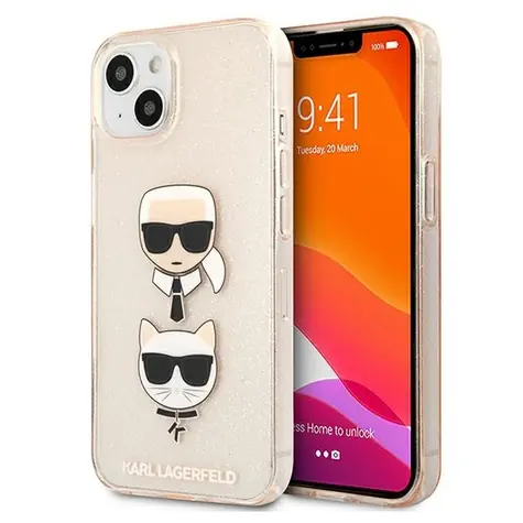 Karl Lagerfeld Glitzer Karl und Choupette Kopf Gold / Hülle für Apple iPhone 13 mini