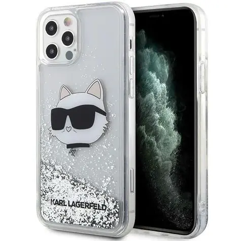 Karl Lagerfeld Choupette Kopf Glitzer Silber / Hülle für Apple iPhone 12 a 12 Pro
