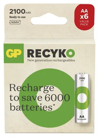 GP ReCyko AA (HR6) 2100mAh 6 Stück / Wiederaufladbarer Akku / NiMH