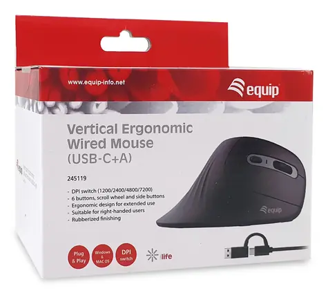 Equip 245119 schwarz / Maus / ergonomisch / USB-A + USB-C / 7200 DPI / 6 Tasten