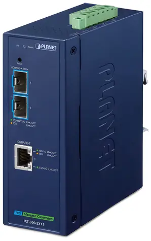 Planet IXT-900-2X1T / Industrieller Konverter / 10GBase-T / 2x SFP+ 10GBase-X / IP40 / -40~75°C / SNMP