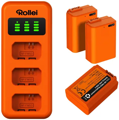 Rollei NP-FW50 / Ladeset / 3 Akkus und Ladegerät / Für Sony
